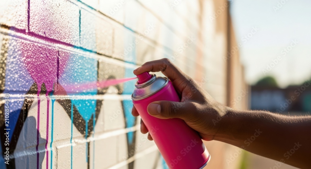 Naklejka premium Hand spraying pink graffiti on wall for urban street art. Vibrant colors create dynamic scene with spray can in action, showcasing creative expression and artistic talent.
