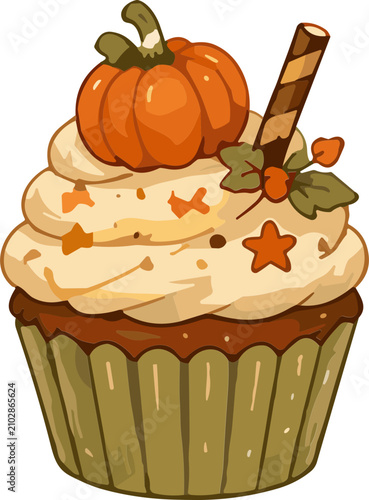 Cute Halloween Cupcake with Frosting and Pumpkin Topper