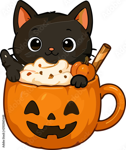 Cute Halloween Black Cat Sticker Sitting in Pumpkin Mug