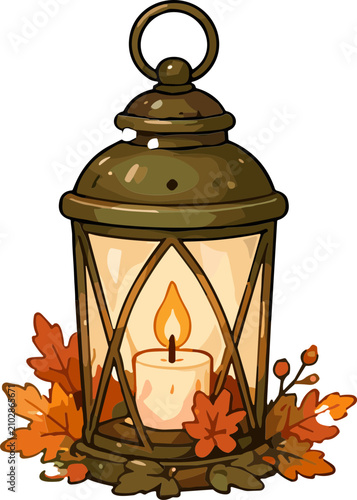 Vintage Halloween Lantern Sticker with Lit Candle and Autumn Leaves