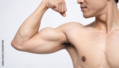 A close-up shot focusing on a young man toned upper arm as he proudly shows his biceps during a workout review on white.