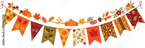 Festive autumn bunting with fall leaves, pumpkins, acorns, and seasonal floral elements, vector illustration isolated