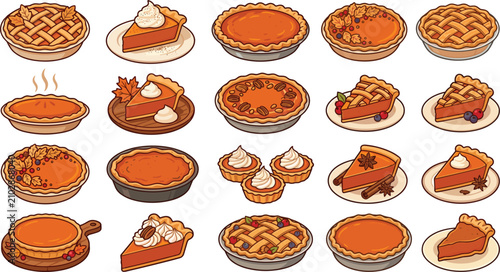 Fotografie Set of delicious pumpkin pies, slices, and tartlets for autumn harvest, Thanksgi