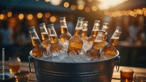 Chilled Beer Bottles in Ice Bucket at Outdoor Party