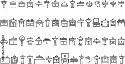 Valokuva Collection of black and white outline bathroom sink and vanity icons for plumbin
