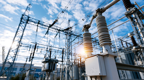 Electric power substation with tall steel portals suspended insulator strings and connecting conductors under a bright sky clean wide frame electric power substation steel