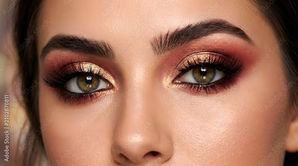 Naklejka premium Close up of woman's eyes with dramatic copper and gold eyeshadow makeup
