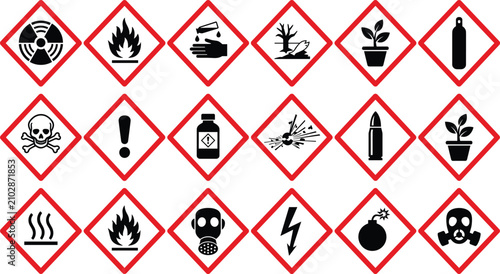 Schilderij op canvas Hazard warning sign vector icon set featuring GHS chemical danger pictograms with red diamond borders showing symbols for toxic flammable explosive and radioactive materials