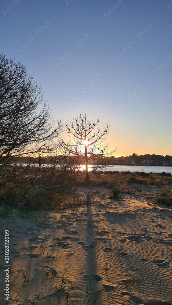 Fototapeta premium Coucher de soleil sur la flèche du Mimbeau avec le Cap Ferret en arrière-plan (bassin d'Arcachon, Aquitaine)