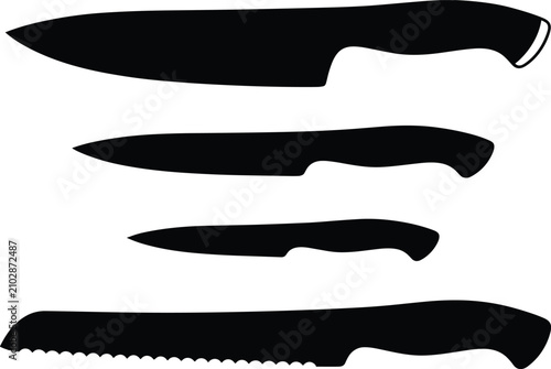 Fotografía Kitchen knife vector silhouette set featuring professional chef blade utility cutting tools and serrated bread slicer isolated on white background
