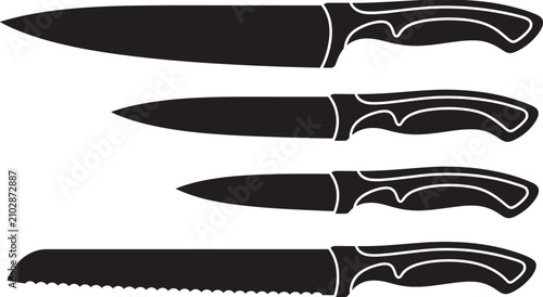 Canvastavla Professional kitchen knife vector silhouette set featuring sharp chef blades utility cutting tools and serrated bread slicer with detailed handles