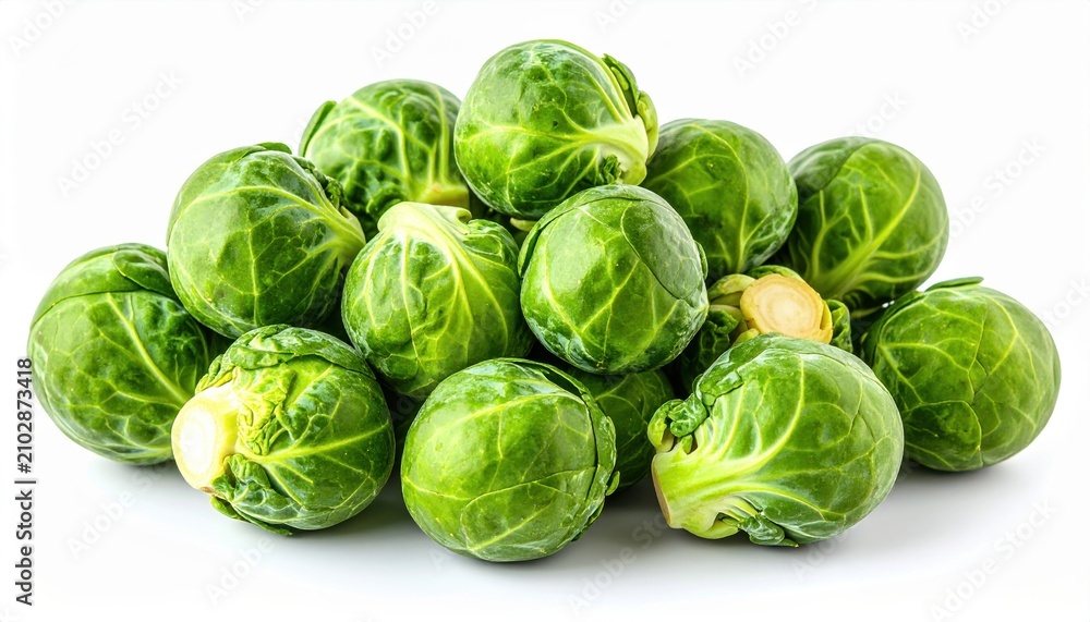 Fototapeta premium A heap of fresh green Brussels sprouts on white background, culinary ingredients, vegetable variety.
