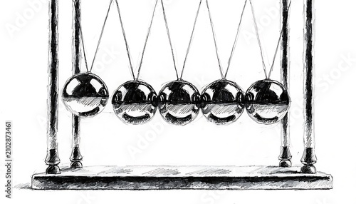Newton's cradle with metal spheres in balanced motion