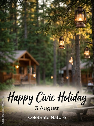 Happy civic holiday greeting with lanterns with displays festive greeting card lanterns cabins misty forest celebration