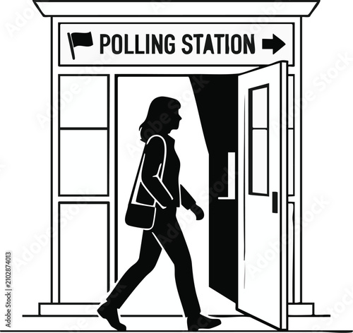 Woman entering a polling station to cast her vote represents the importance of civic engagement and individual contribution to a democratic election.