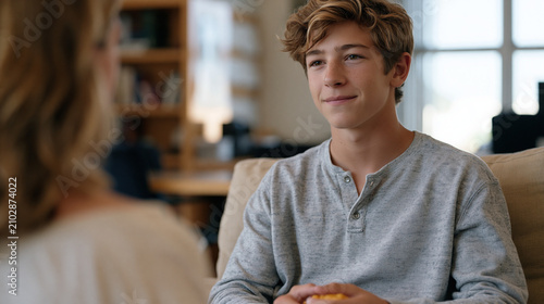 Teen with late-identified attention difficulties sits across from a school counselor in a softly lit office, fidget tool in hand and a look of cautious relief on his face,