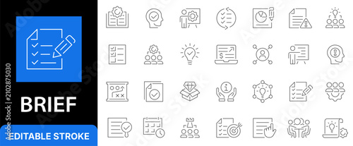 Business brief and project management line icon set. Task checklist, strategic planning, corporate teamwork and marketing contract outline symbols. Editable stroke.