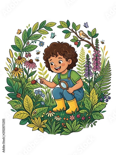 Young boy exploring garden nature with a magnifying glass