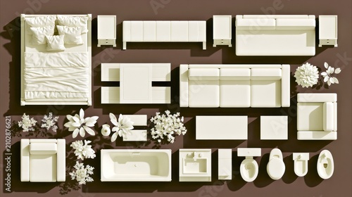 Top view furniture layout with plants 3D render.