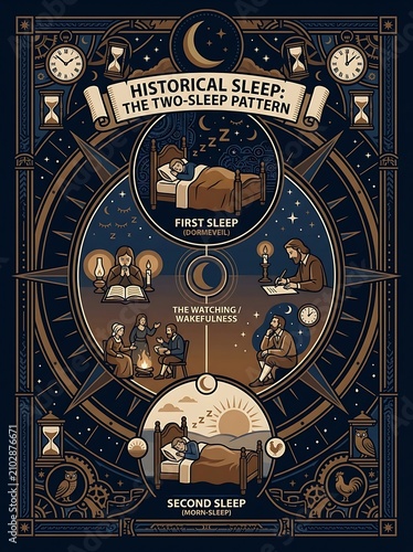 Historical sleep pattern infographic explaining the biphasic cycle