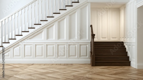 Traditional staircase with white wainscoting and wooden floor