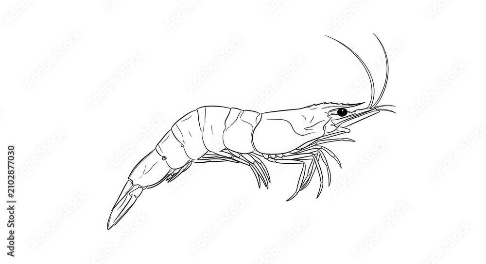 Fototapeta premium A detailed black and white line drawing depicts a shrimp. The shrimp is shown in a side profile, with its antennae prominently displayed.