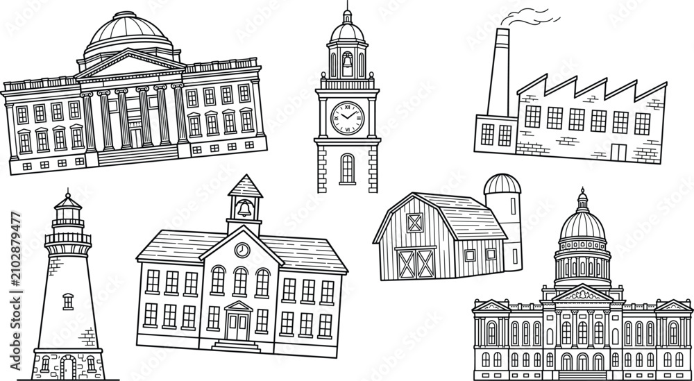 Obraz premium City and Town Building Architecture Line Icon Set with Government Capitol, School, Factory, Barn, Lighthouse, and Clock Tower