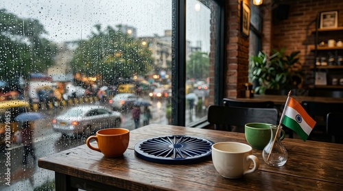 Cozy cafe interior view with indian flag and ashoka chakra symbol on table during rainy day in mumbai city with blurred street traffic visible through wet glass window pane view.