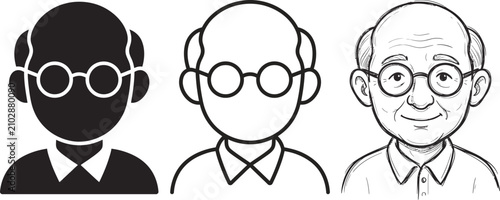 Bild auf Leinwand Set of three icons of an elderly man with glasses in solid black silhouette outl