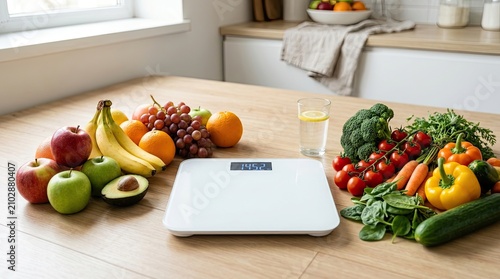 A white digital scale sits on a wooden kitchen table, surrounded by a colorful assortment of fresh fruits and vegetables. A glass of water is placed next to the scale.