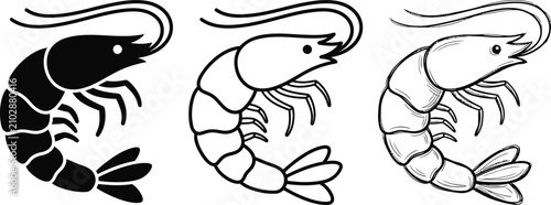 Foto Shrimp icon set seafood marine animal in silhouette line art and hand drawn sket