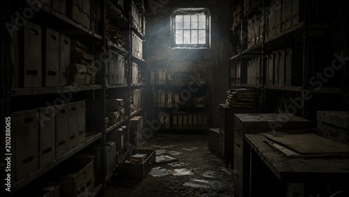 A dimly lit storage room filled with old files and documents. Sunlight streams through a barred window, illuminating the dust and disarray