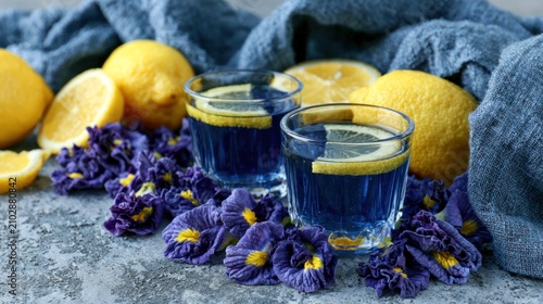 Wide arrangement of blue tea, lemons, and butterfly flowers.