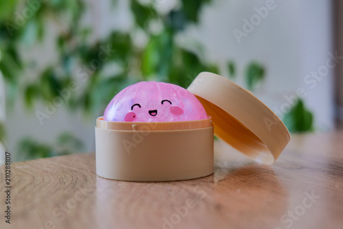 Bild auf Leinwand Dumpling shaped stress relief toy placed in a small container with lid