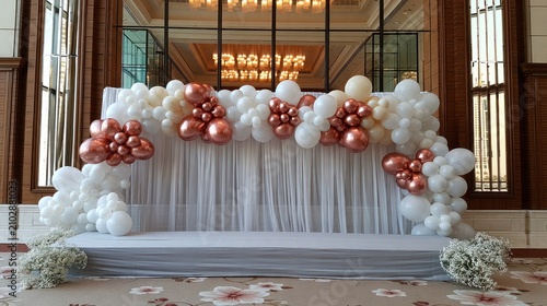 Wide view of festive balloon arch and stage setup.