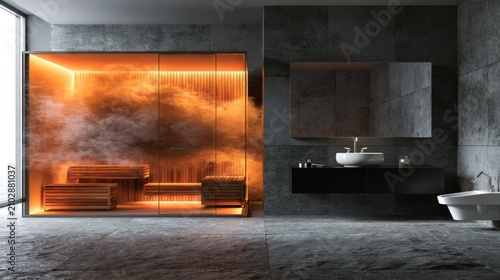 Wide view of modern bathroom with glowing sauna.
