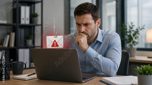 A man with a concerned expression looks at his laptop screen, where an email icon with a warning sign is being pulled by a fishing hook, symbolizing a phishing attack