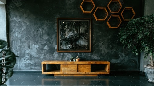 Wooden console and tropical art in dark room.