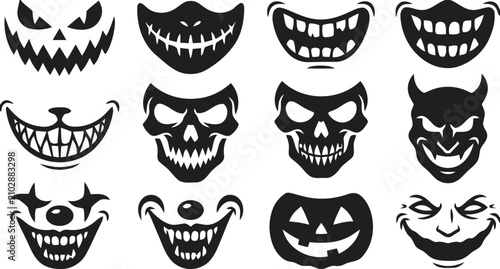 Set of twelve black halloween monster mouths and skull faces featuring sharp teeth sinister smiles clown grins and spooky jack o lantern.
