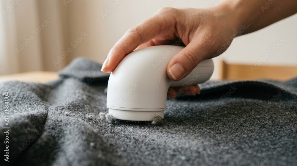 Fototapeta premium Hand using electric fabric shaver to remove lint and pilling from a grey wool coat for garment maintenance