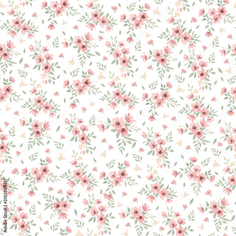 Fototapeta premium Delicate Watercolor Pink Wildflower Seamless Floral Pattern-Pure White