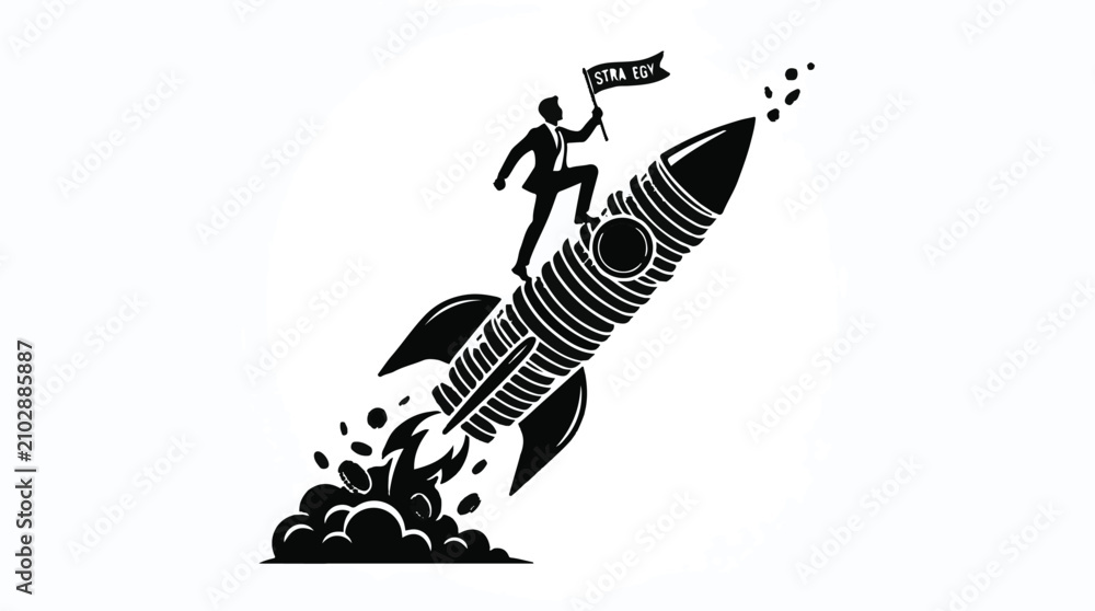 Fototapeta premium Business success concept: businessman climbing rocket ship holding flag, symbolizing startup growth and achievement