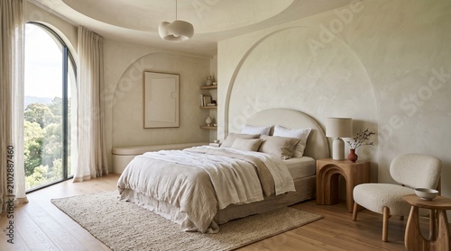 Minimalist modern bedroom interior design with arched wall niche and neutral beige tones