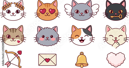 Fotografie Cute Cat Emoji Icons Set with Heart Eyes Angel Wings Cupid Arrow and Love Letter