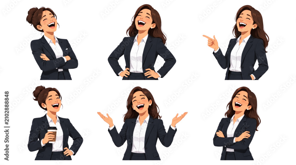 Obraz premium Laughing Businesswoman Flat Illustration Set, Six Happy Professional Female Character Poses for Office, Corporate, Success and Workplace Concepts.