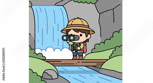 Cute cartoon explorer with binoculars on a bridge.