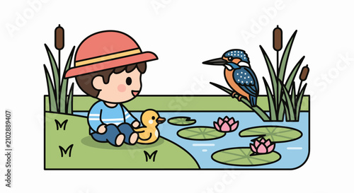A cute boy in a hat playing with a rubber duck by a pond with a kingfisher.