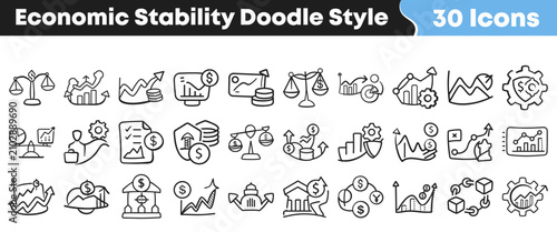 Tableau sur toile Set of thirty hand drawn economic stability icons in doodle style