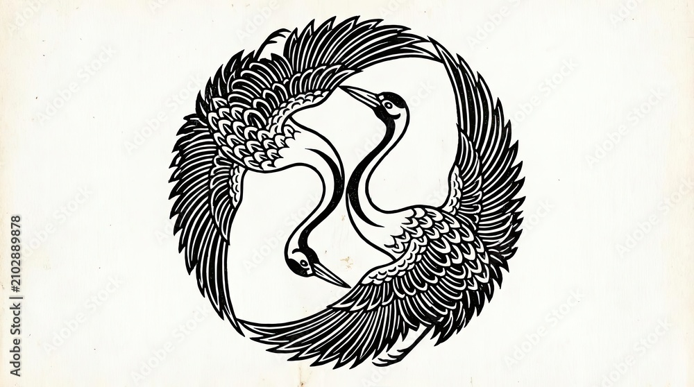 Obraz premium Circular black and white crane bird illustration