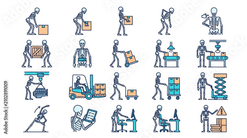Obraz na płótnie Skeletal Figures Demonstrating Proper and Improper Lifting Techniques and Workplace Safety